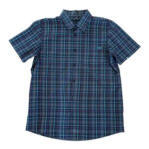 Oakley Dress Shirt Mens Large Plaid Short Sleeve Button Up Blue Black Green